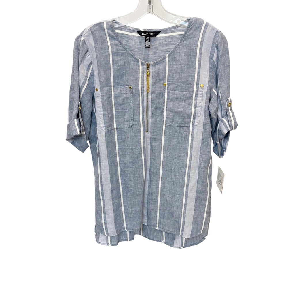 NEW Ellen Tracy Blue White Striped 100% Linen Half Zip High Low Tunic Top SMALL